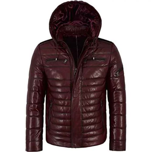 Men’s Puffer Hooded Quilted Lambskin Leather Jacket Fashion Collection Free Shipping