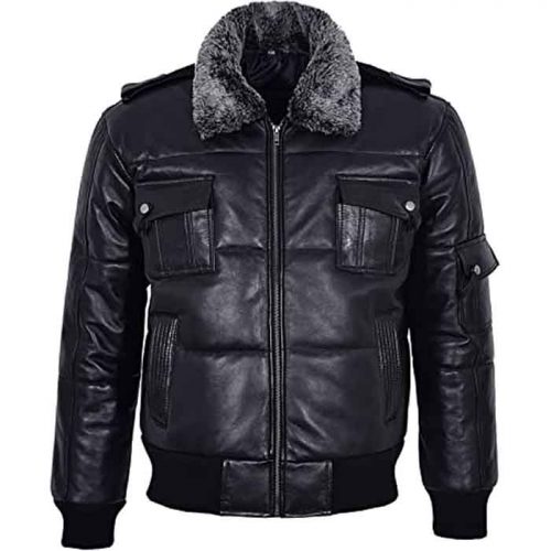 Men’s Black Hair On Collar Puffer Bomber 100% Real Leather Jacket Fashion Collection Free Shipping