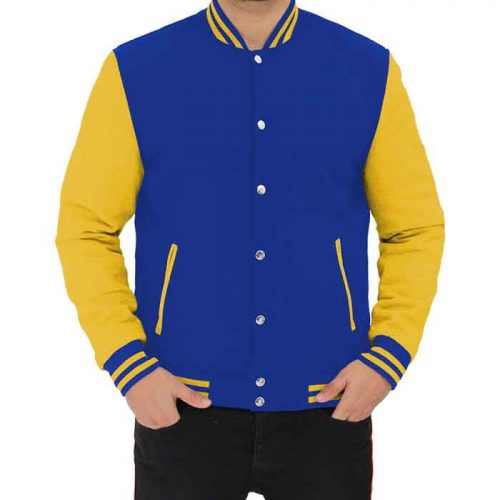 Blue and Yellow Leather Varsity Jacket Fashion Collection Free Shipping