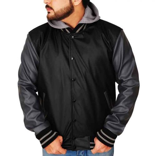Leather Varsity Jacket Black & Grey With Hoodie Fashion Collection Free Shipping