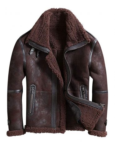 Men’s Brown Zipped Leather Shearling Trim Jacket B3 Leather Jacket Free Shipping