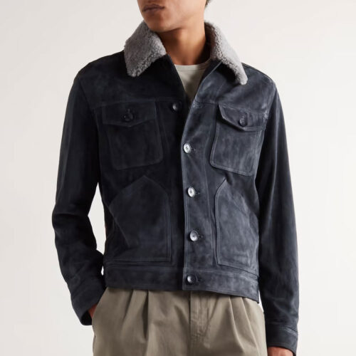 Navy Shearling-Trimmed Leather Suede Trucker Jacket Fashion Jackets Free Shipping
