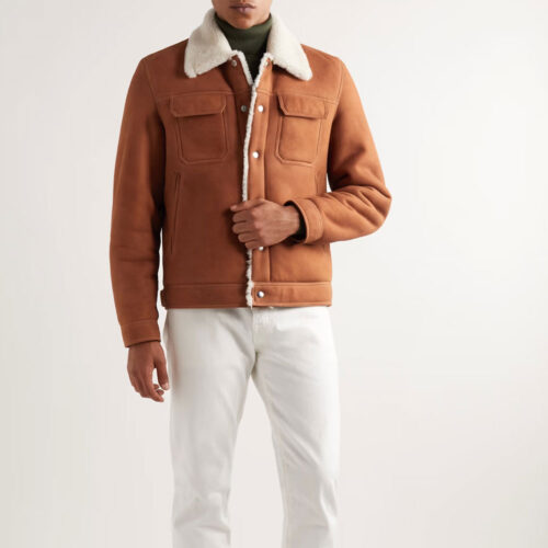Shearling-Lined Suede Trucker Jacket Leather Fashion Jackets Free Shipping