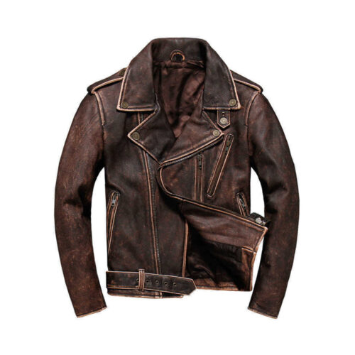 Motorcycle Biker Vintage Cafe Racer Distressed Brown Real Leather Jacket Fashion Jackets Free Shipping