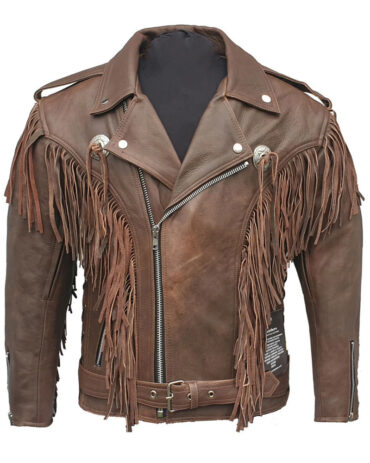 Men’s American Moto Brown Genuine Cowhide Leather Jacket Fringe Jacket Free Shipping
