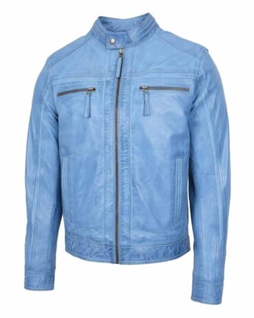 Ride in Style with Men’s Leather Biker Jacket in Sky Blue Fashion Jackets Free Shipping